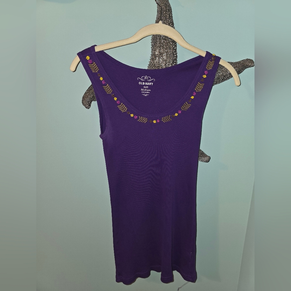 Old Navy Purple Scoop Neck Tank with Yellow & Pink Embroidery